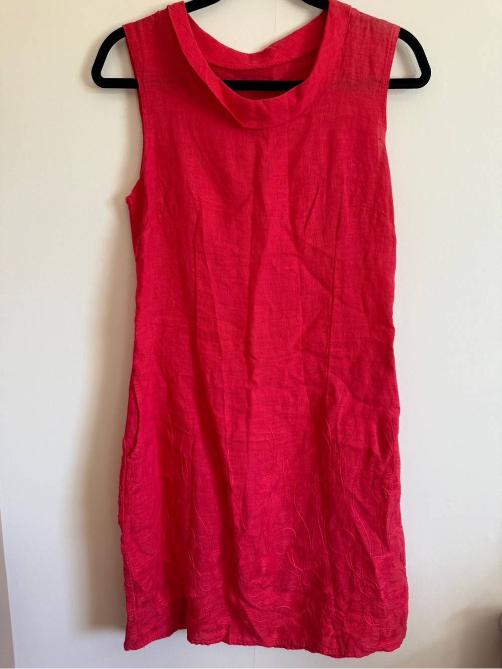 Made in Italy 100% Linen Dress Embroidered Hem Coral Pink Sleeveless M